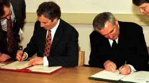 Prime Minister Tony Blair and Taoiseach Bertie Ahern signing the Good Friday peace agreement on April 10 1998