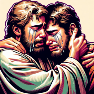 Two men or brothers weeping together
